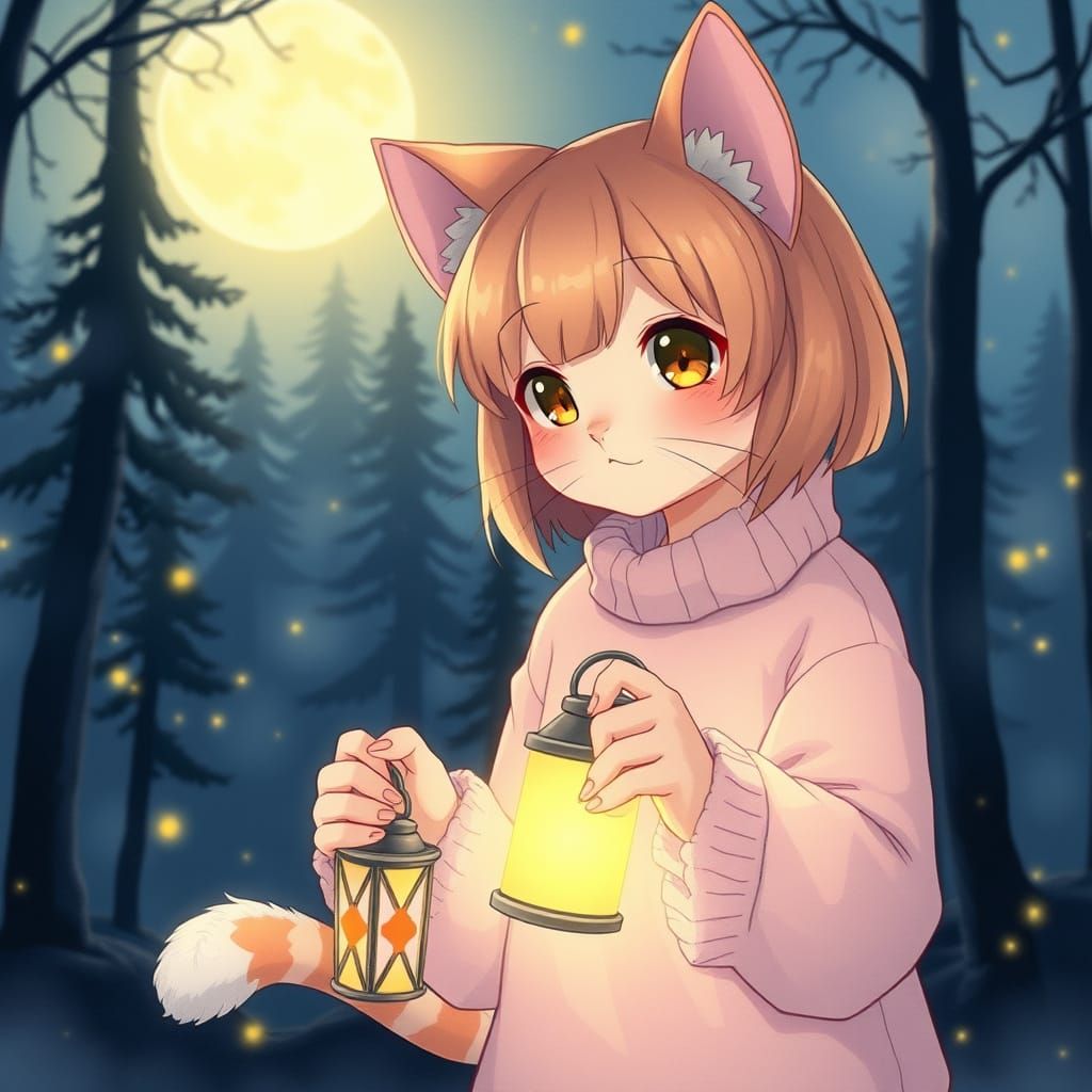 Whimsical Cat Girl in Studio Ghibli-Inspired Watercolor Styl...