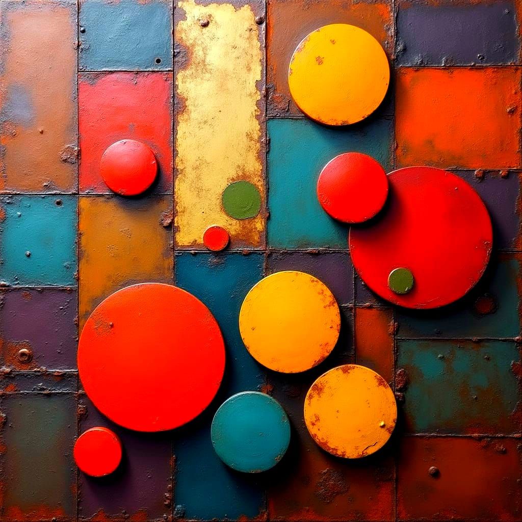 Abstract Painting on Rusted Metal with Geometric Shapes