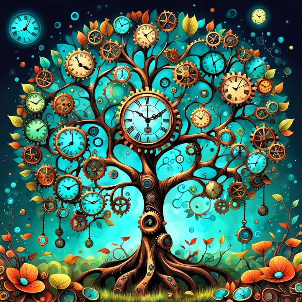 Steampunk Clock Tree in Whimsical Garden