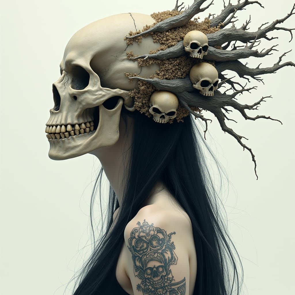 Gothic Fantasy Woman with Skull Headdress as Watercolor