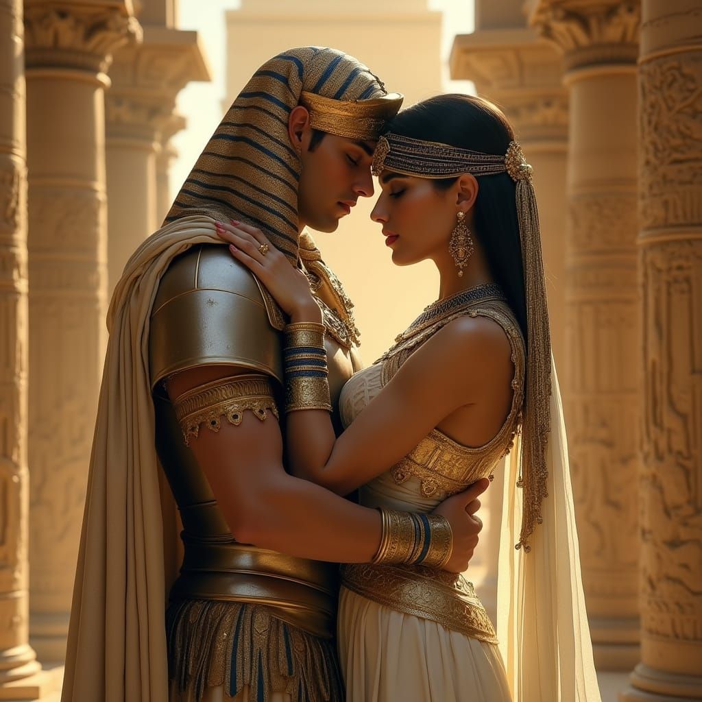 Egyptian Queen Embraced by Roman Soldier in Golden Splendor
