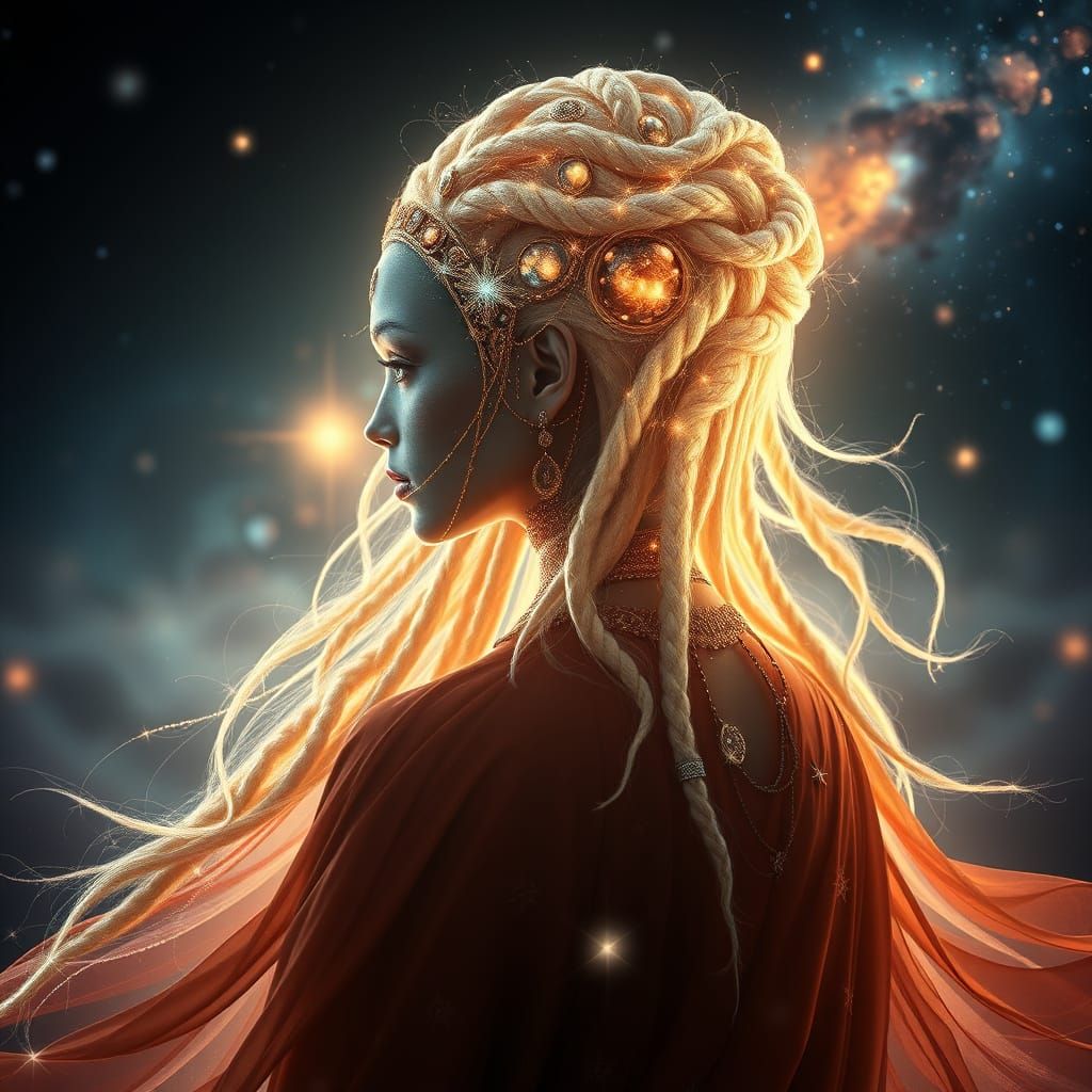 Exquisite Alien Queen with Starlight Hair and Celestial Brai...