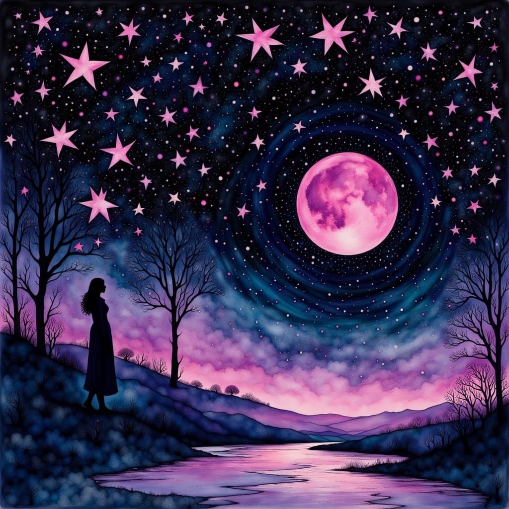 Whimsical Black and Pink Stars on a Dali-Inspired Night Sky