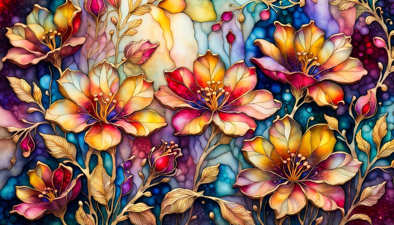 Flowers.  Alcohol ink with gold filigree yellow red and pink delicate flowers with hints of blue and violet stained glas...