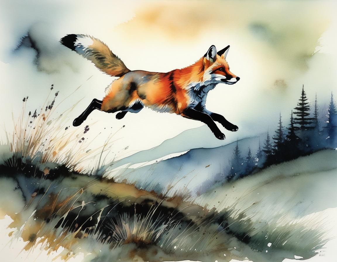 Fox Pursues Rabbit in Watercolor and Ink