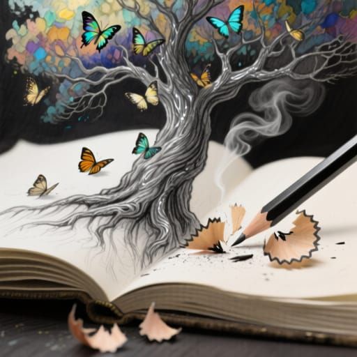 Fantastical Tree Emerges From Pencil Sketch, Gouache Style