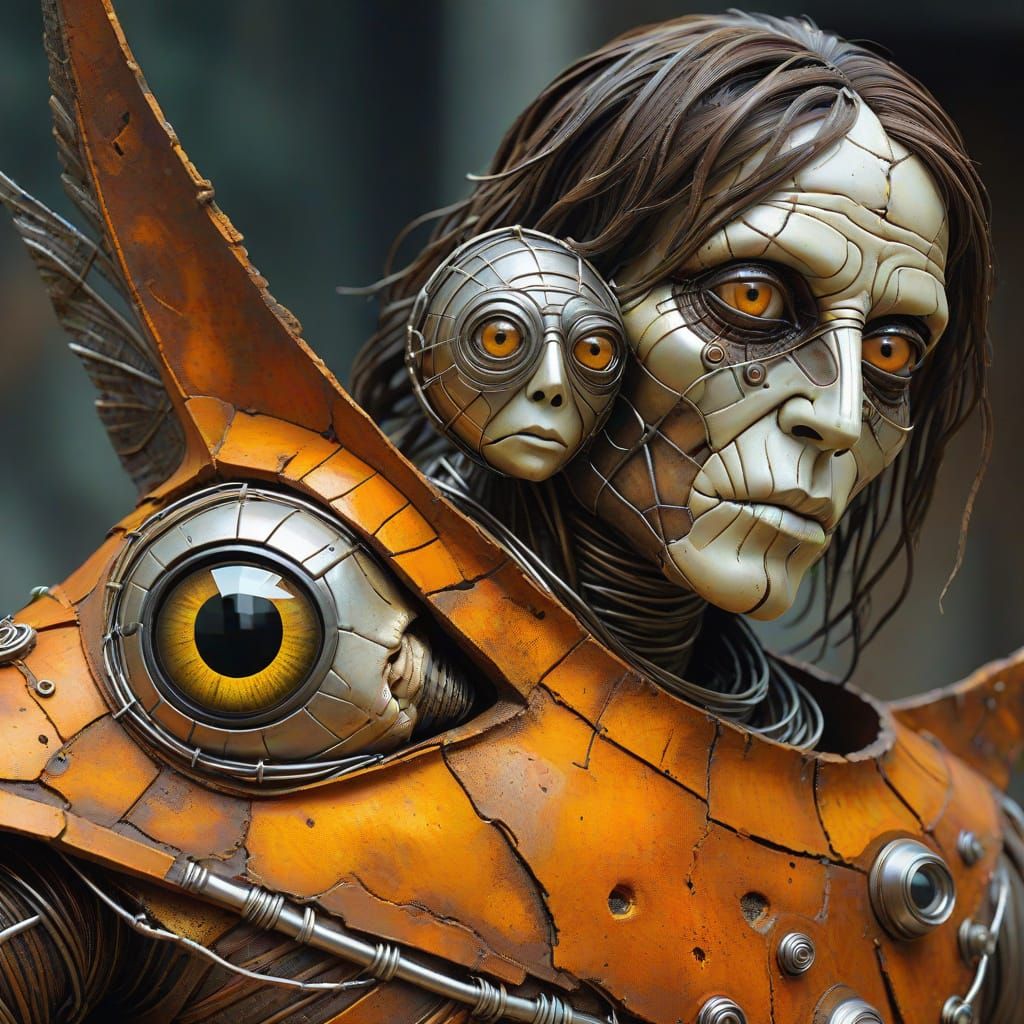 Surreal Metal Mummy Sculpture with Fish Eyes