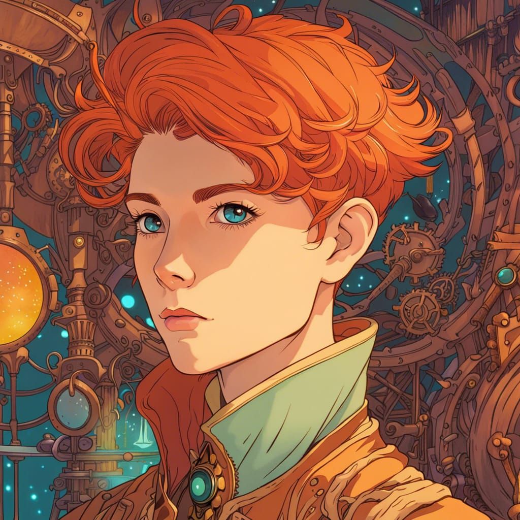 Steampunk Androgyne Portrait in Ghibli-Moebius Style
