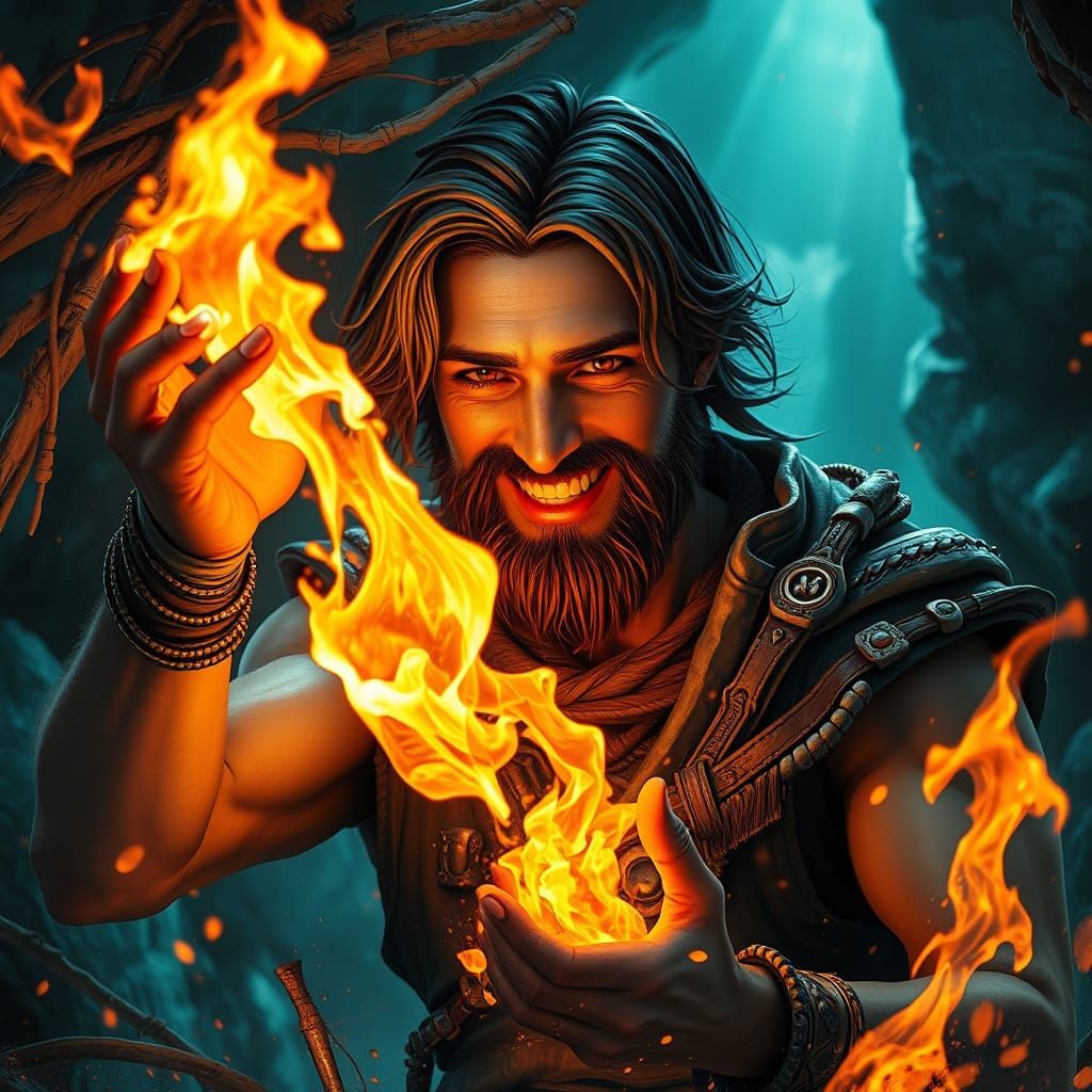 Man Enchants with Magical Fire in Mysterious Cave