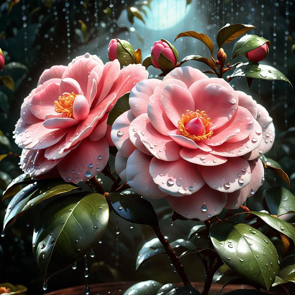 Photorealistic Camellia Flowers in Digital Painting Style