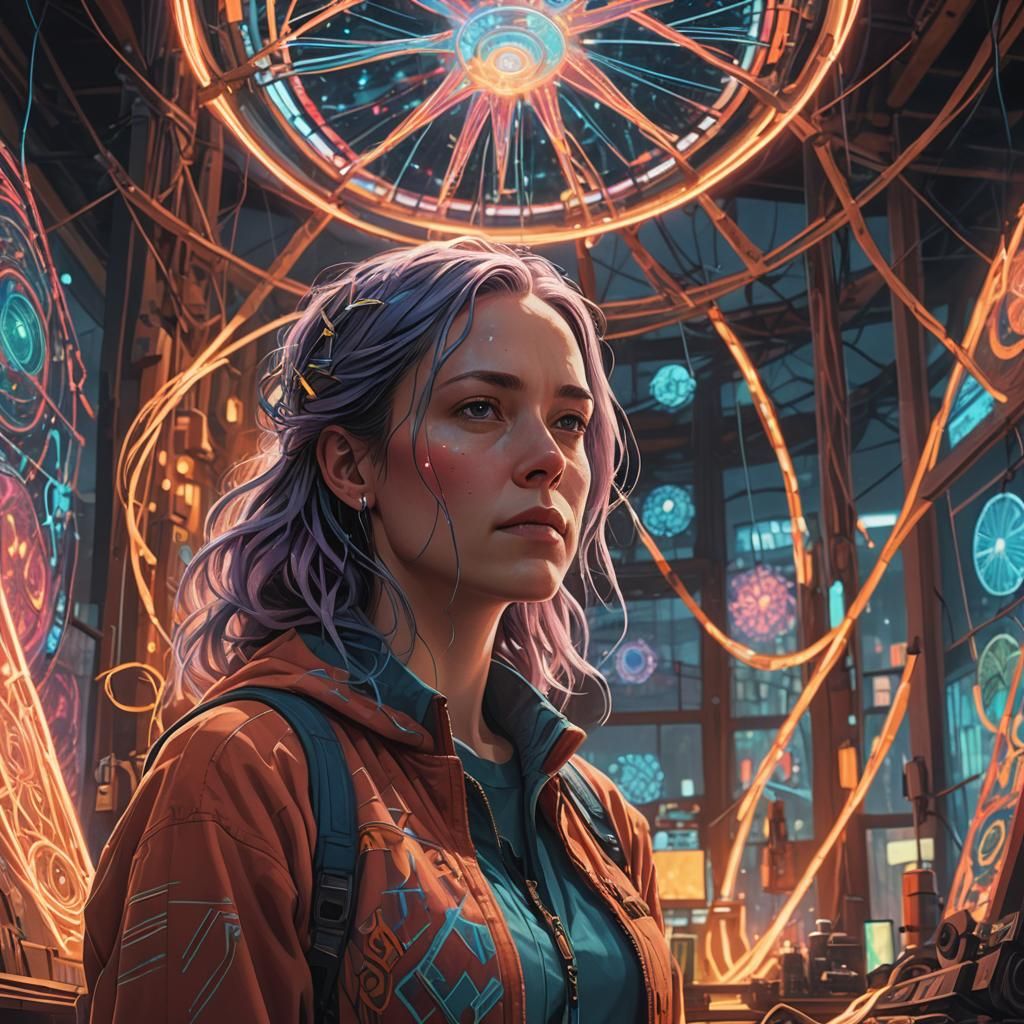 Luminous Woman Weaving Light: Sci-Fi Digital Art