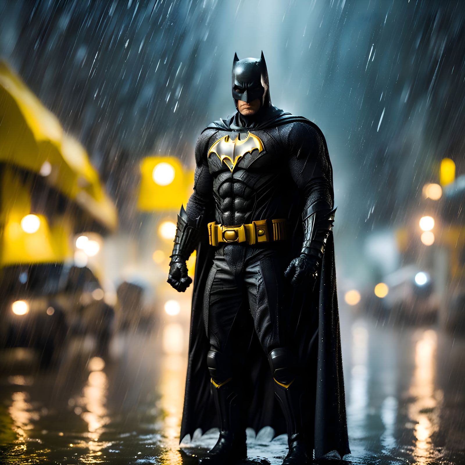 Batman standing in heavy rain , Night time : 1.2< bokeh yell...