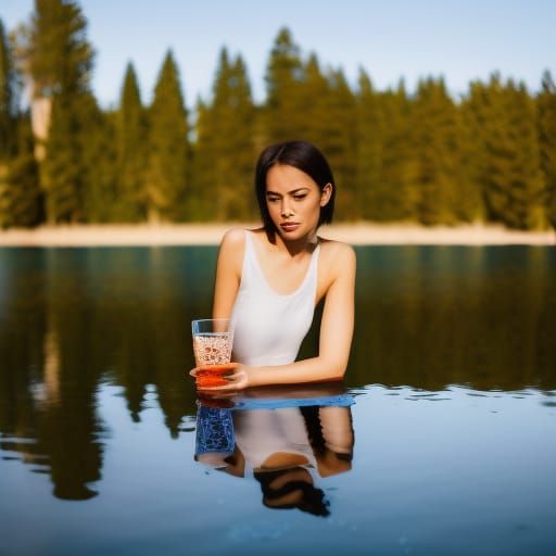 Woman Drinking from Lake: Professional Photography