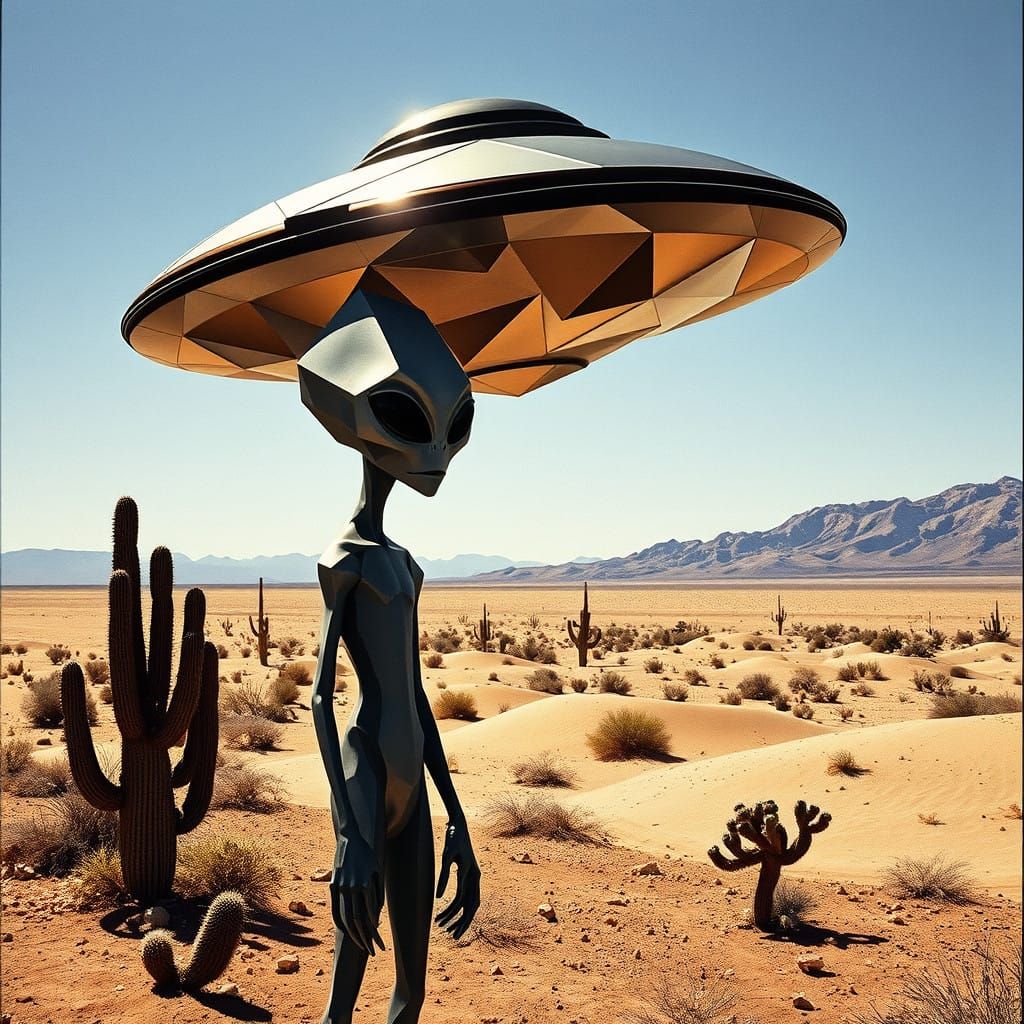 Surreal Cubist Flying Saucer in 1950s Desert Landscape