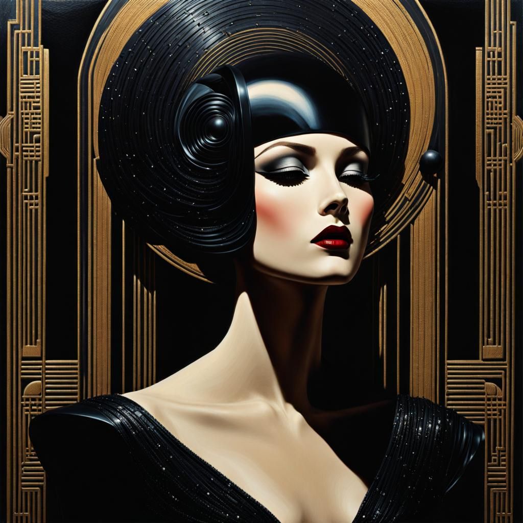 Art Deco Sci-Fi Impasto: Figures in Black Haze