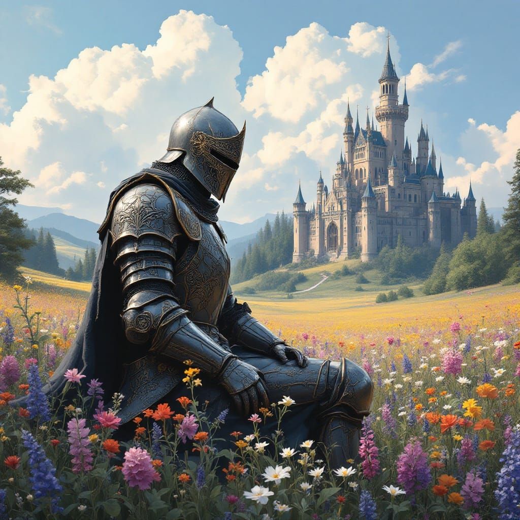 Knight in Gothic Armor in Flower Field