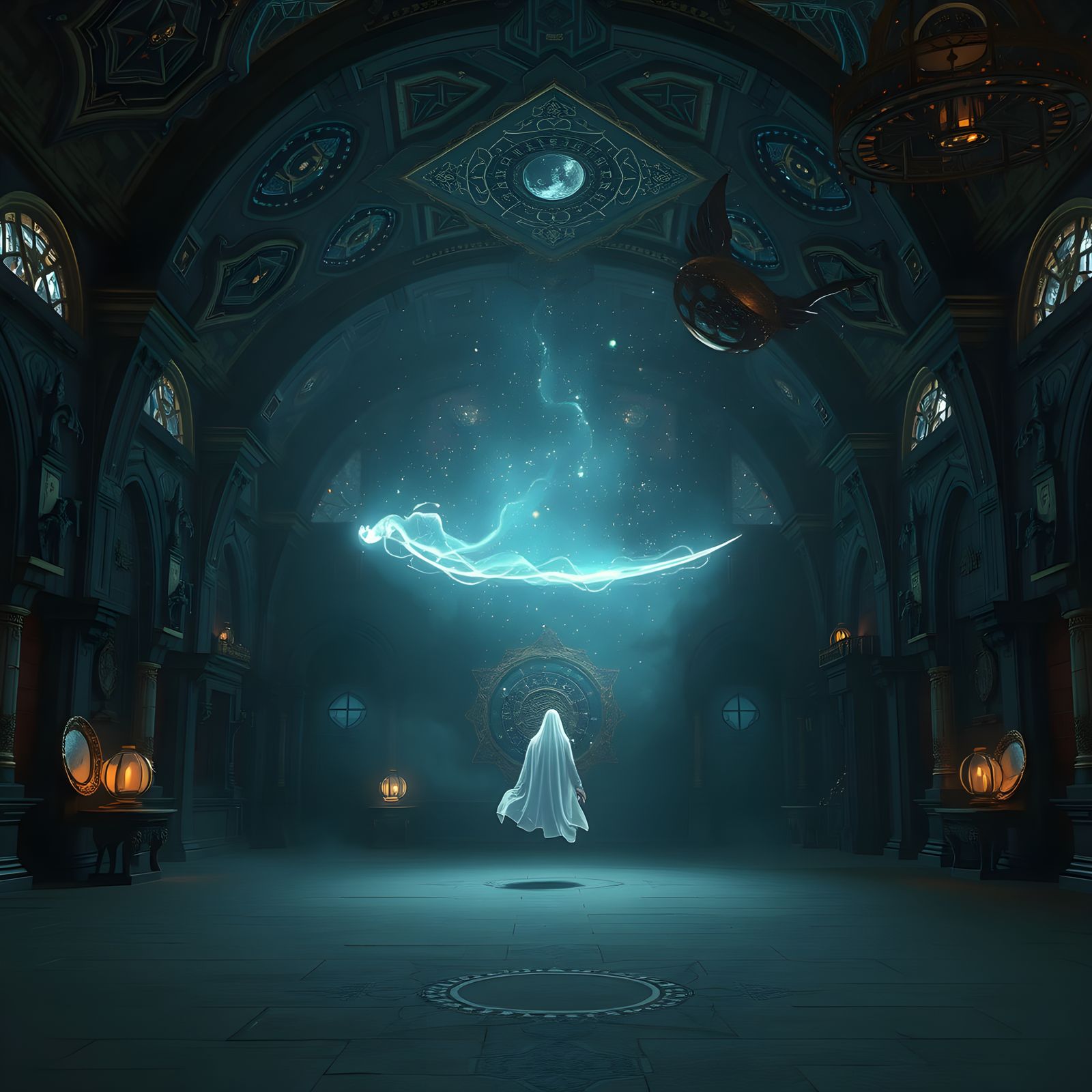 Ethereal Ghost in Starry Room: 3D Render