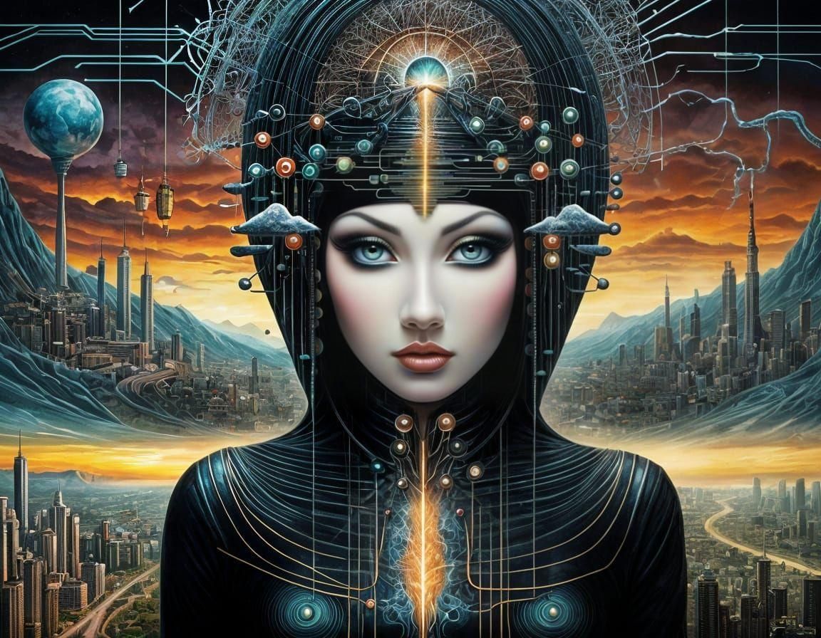 Surreal Circuitry Landscape with Goth Tattoo Art