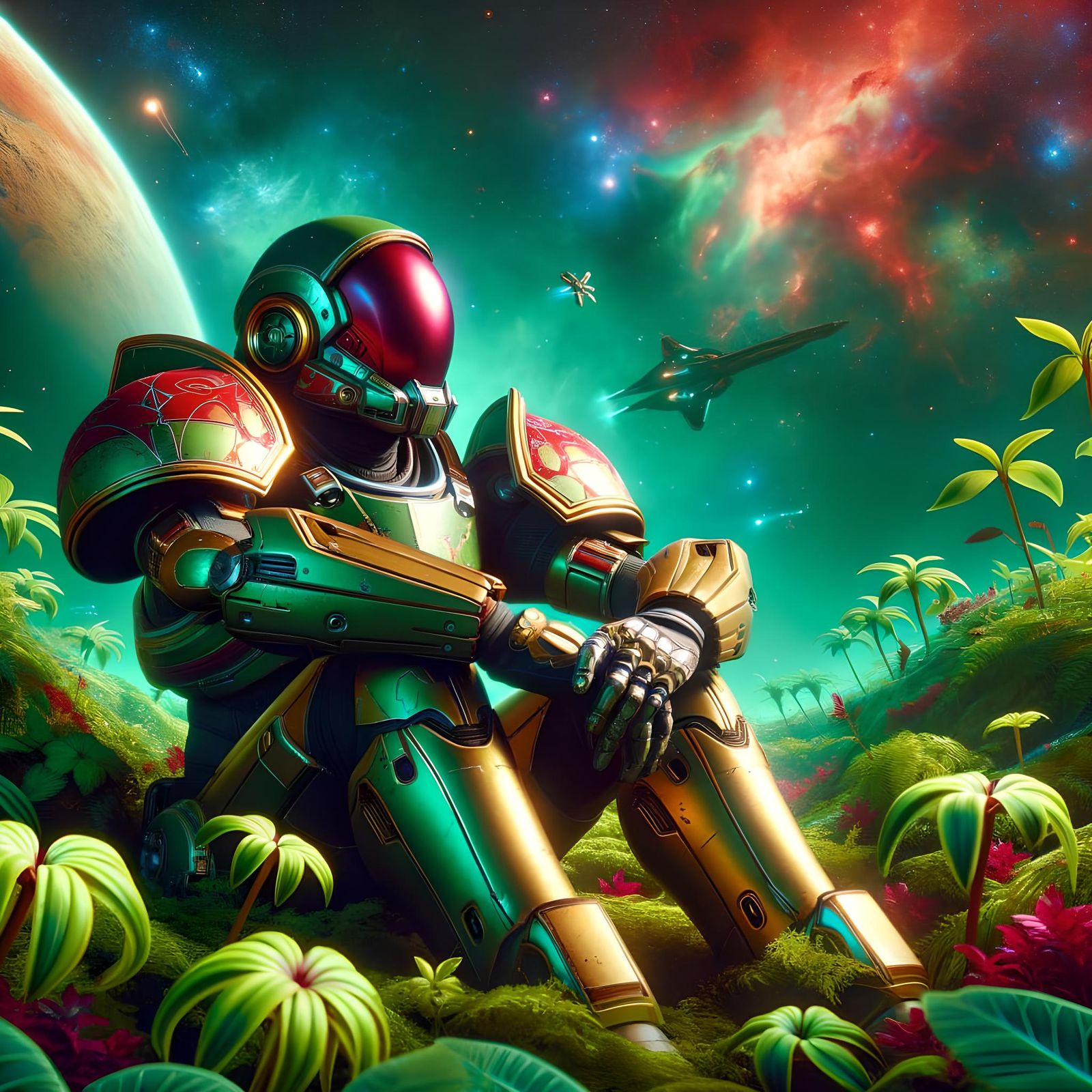 Armored Woman on Alien Planet in Sci-Fi Landscape