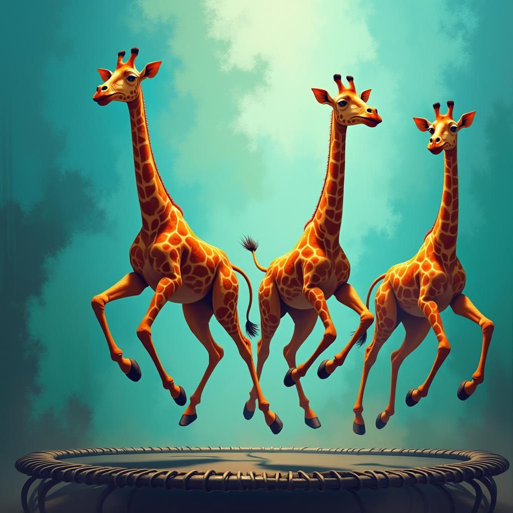 giraffes jumping on a trampoline