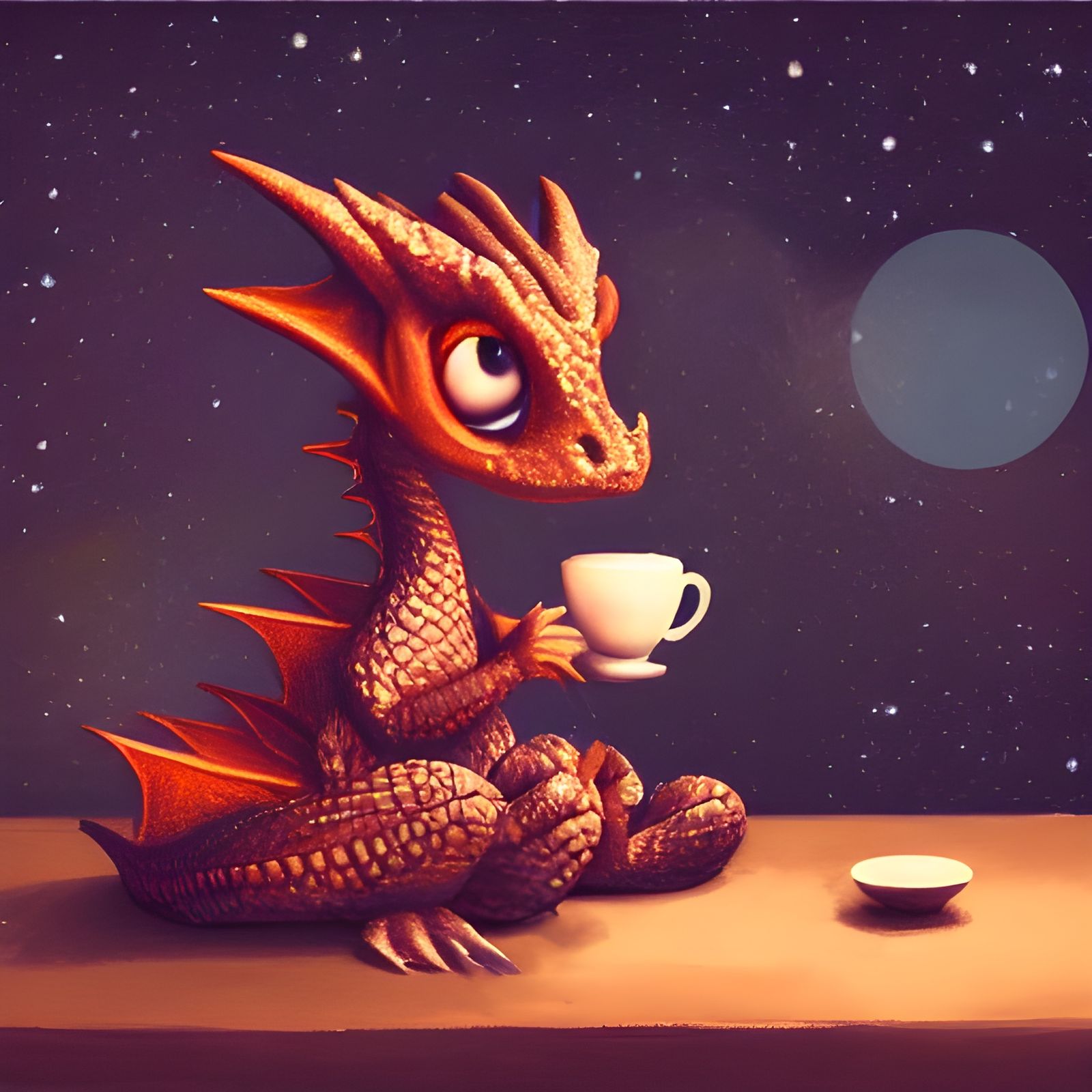 Cute Baby Dragon Drinks Tea at Night