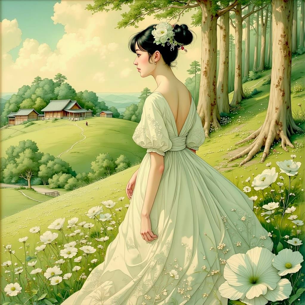 Woman Emerging from Hillside in Golden Age Style