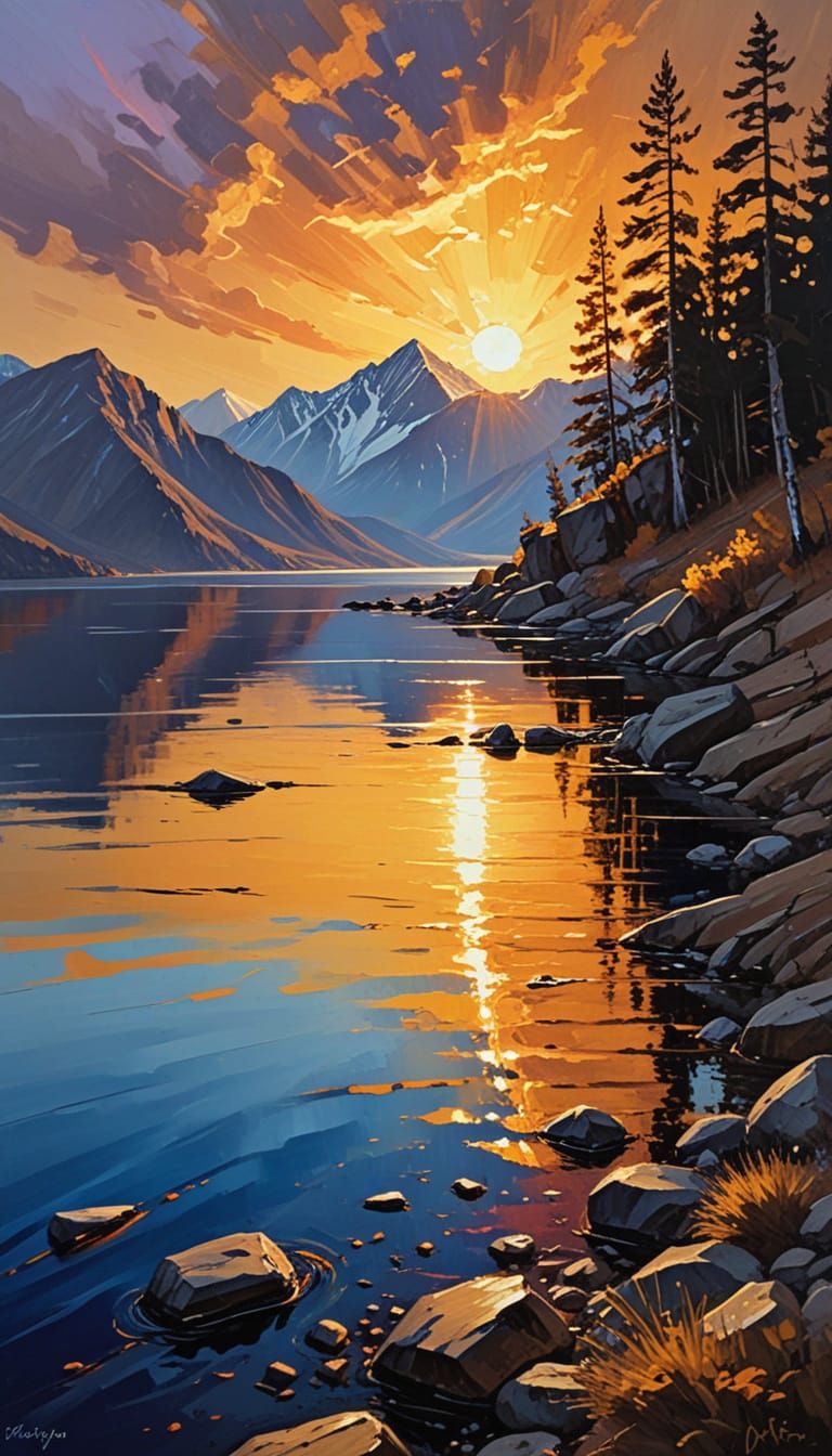 Impasto Painting of Lake Baikal at Golden Hour