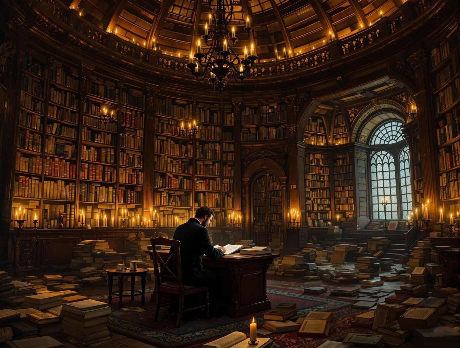 Grand Library with Scholar in Rembrandt Style