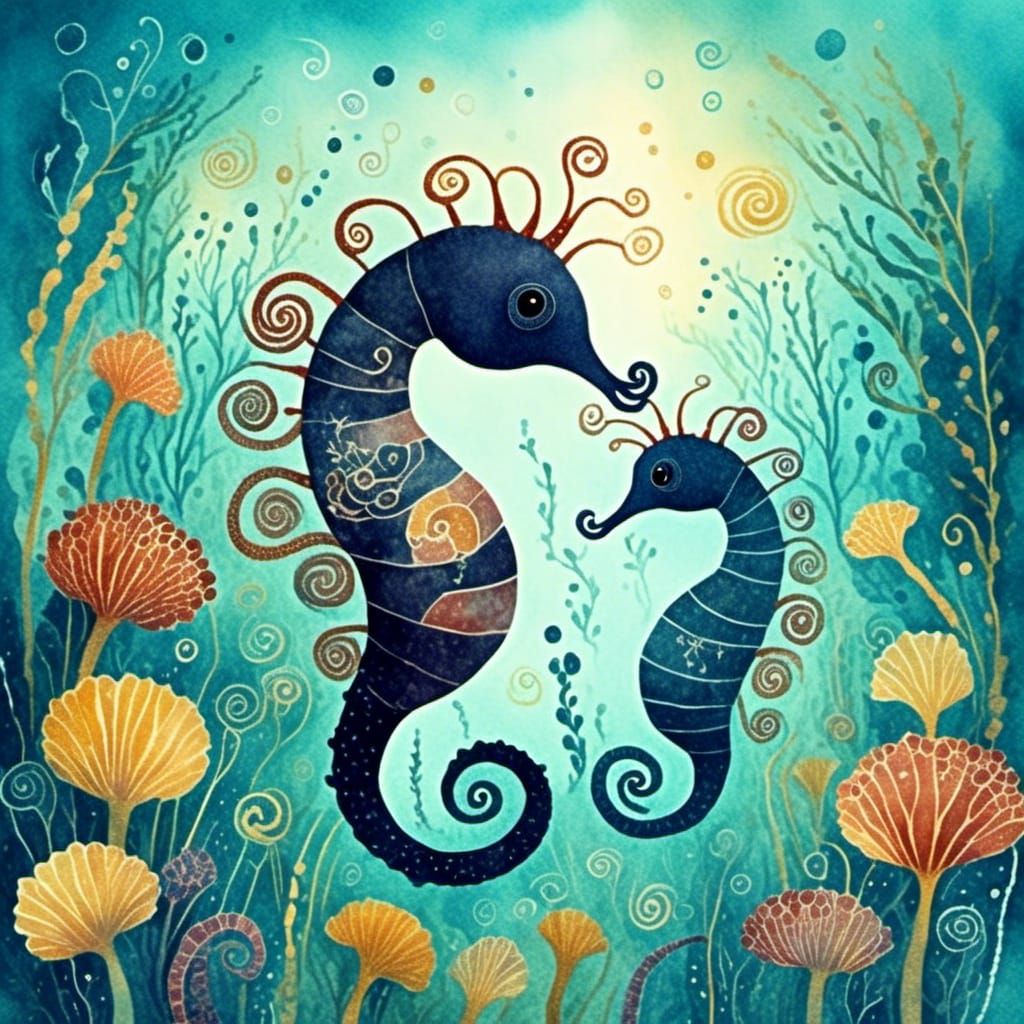 Dreamy Seahorses Dance in Watercolor Underwater Garden