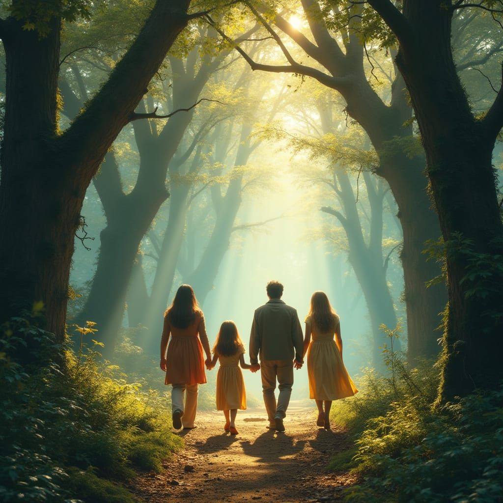 Family Walks Hand in Hand Through a Vibrant, Mystical Forest