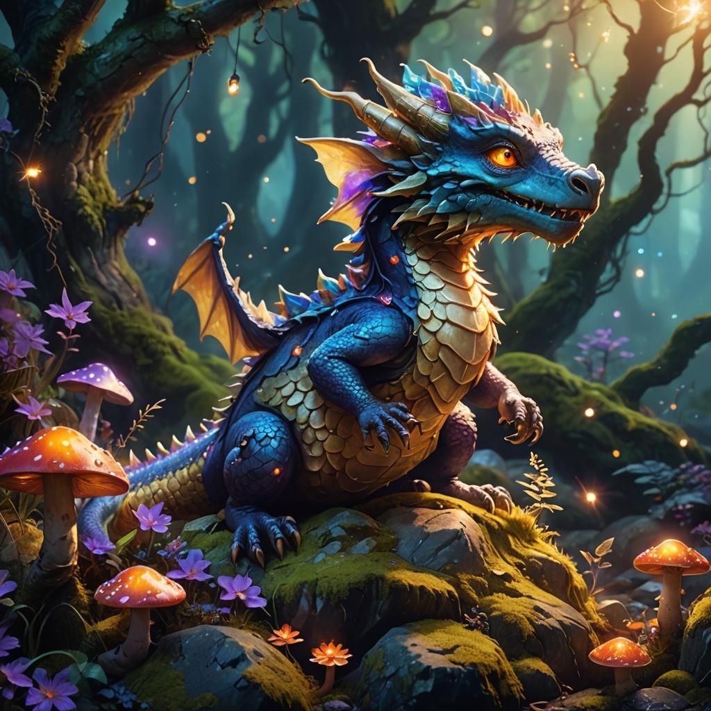 Cute Dragon Perched on Mossy Stone: Fantasy Art