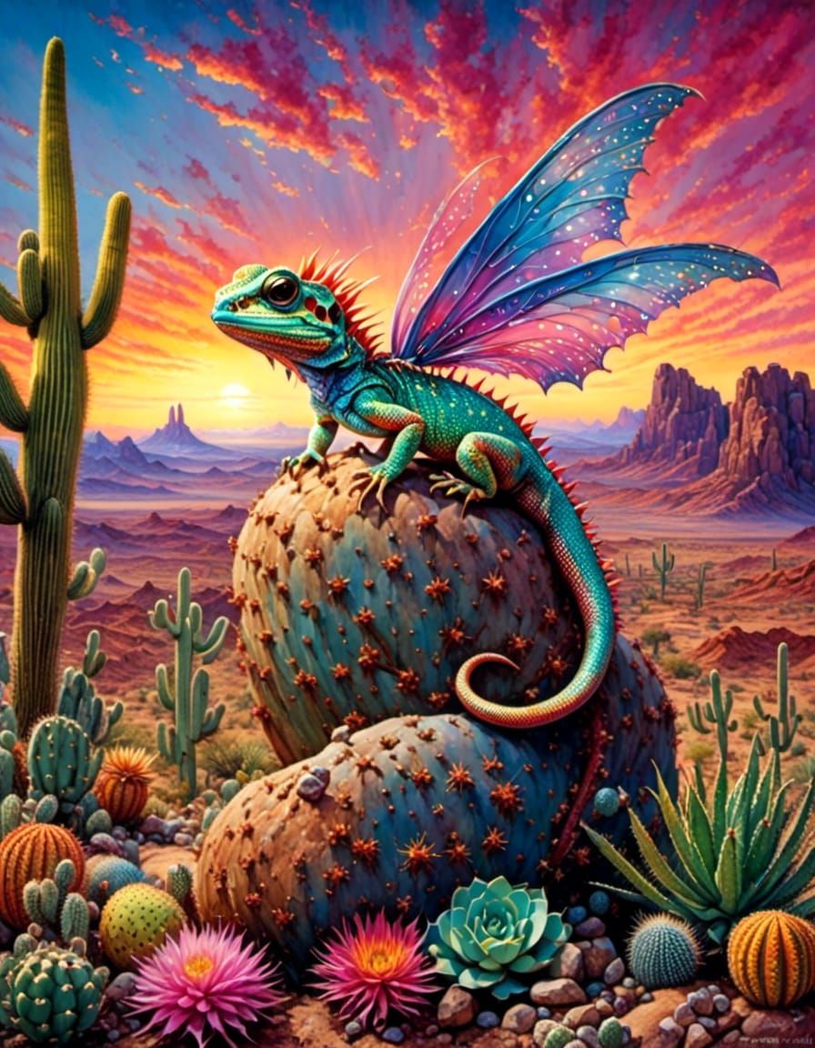 Fairy Lizard with Gossamer Wings at Sunset