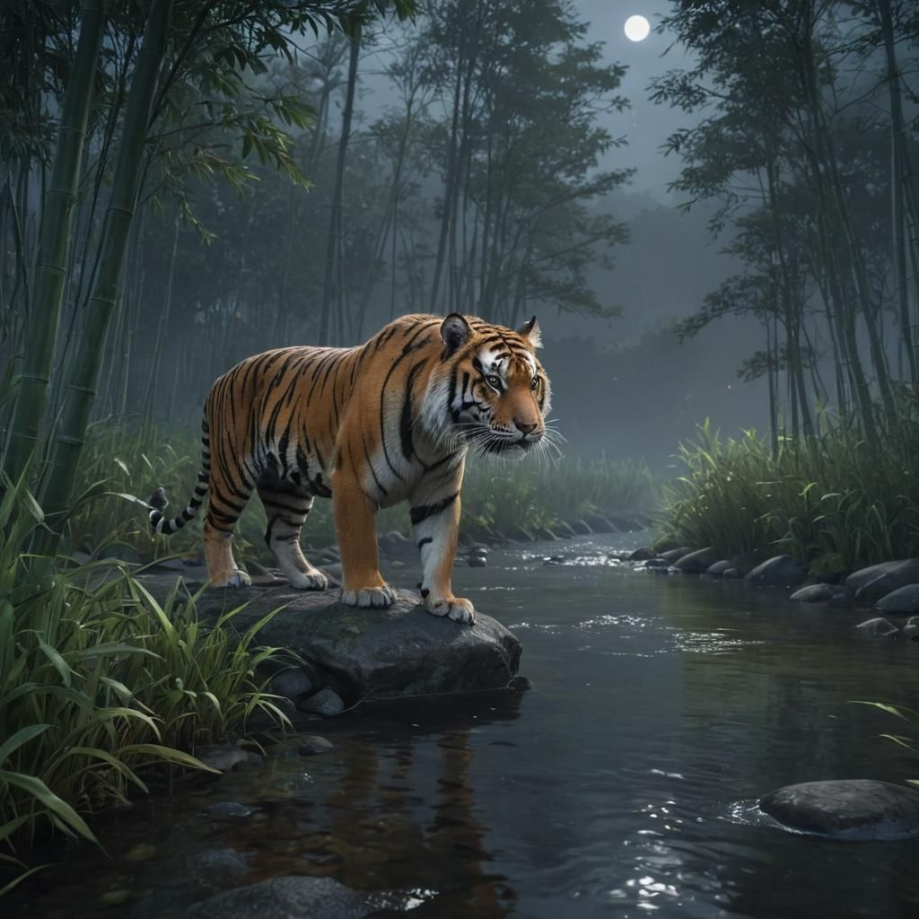 Tiger at Night with Mt. Fuji in Hyperrealism
