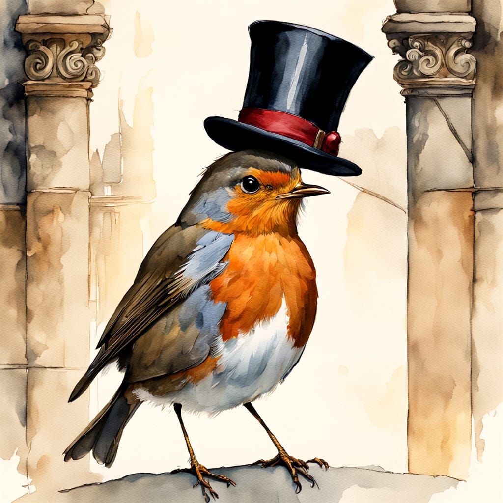 Proud Robin in Top Hat Watercolor Illustration
