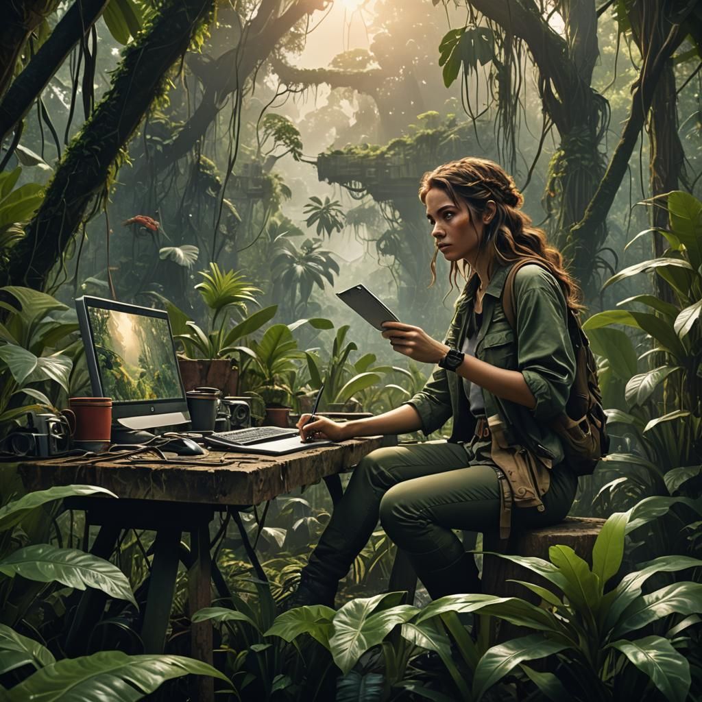 Young Woman Graphic Designer in Jungle, Digital Painting