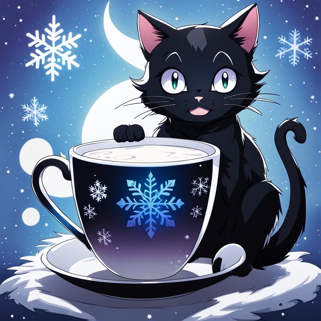 Magic Black Cat Drinks Milk in Snowy Anime Scene