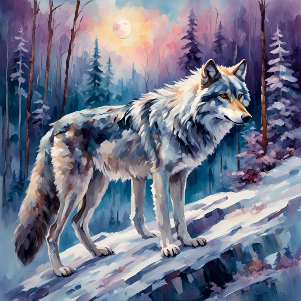 Wolf Howling at Moon in Winter Wonderland Painting