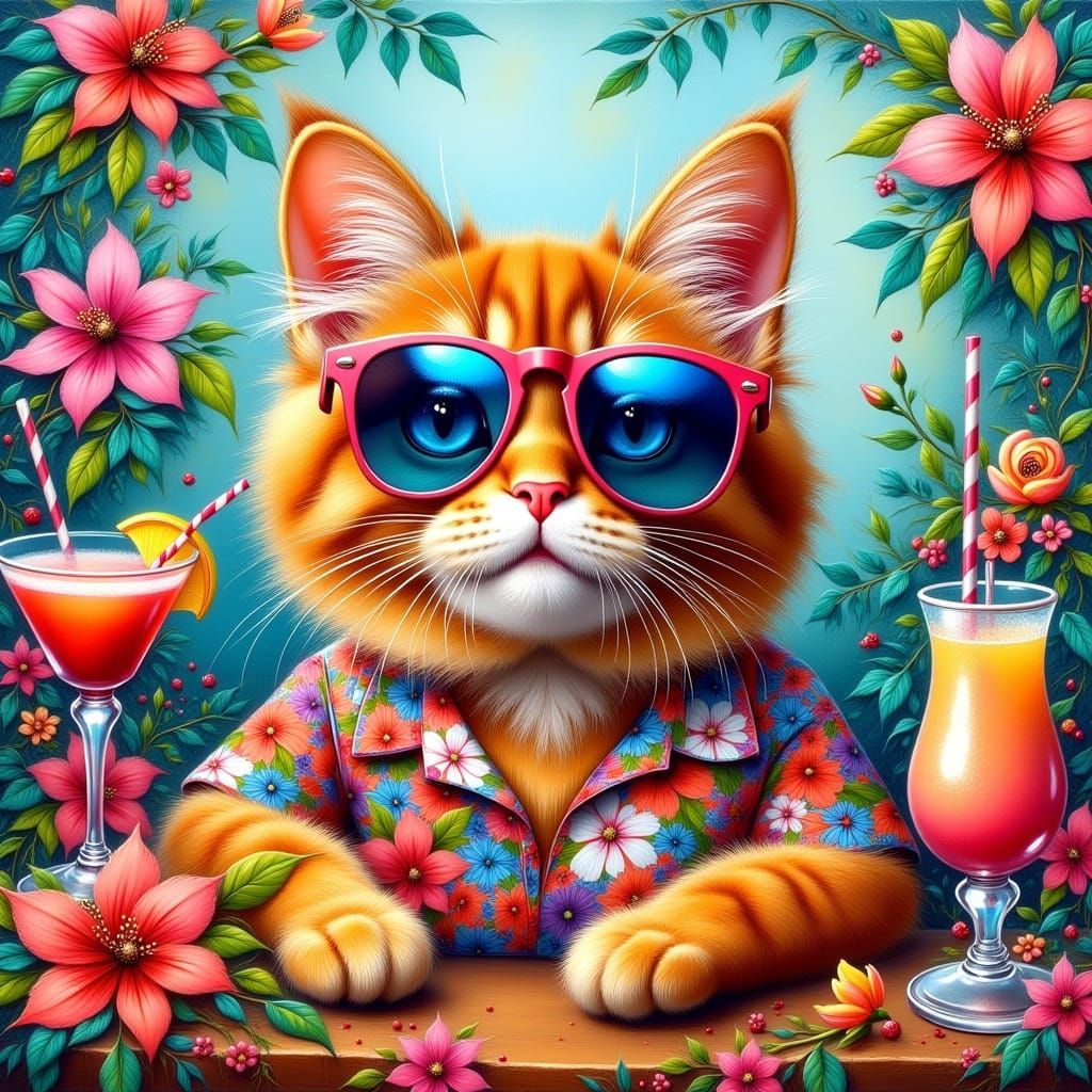 Tropical Cat with Cocktails as Impasto Painting