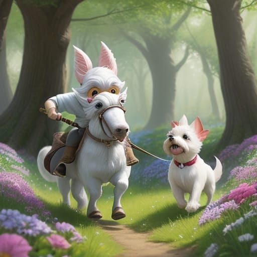 A cute little gnome riding a gleeful, energetic white terrie...