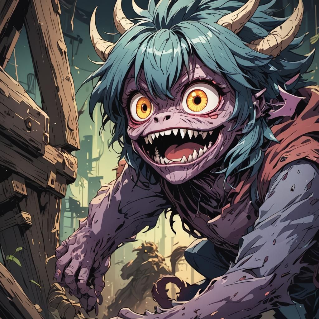 Peekaboo Manga Monster in Cel-Shaded Anime Style