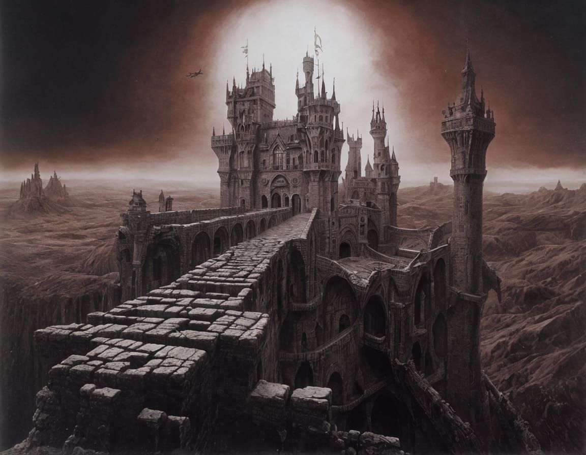 Surreal Castle Landscape in a Dark, Dreamlike Atmosphere