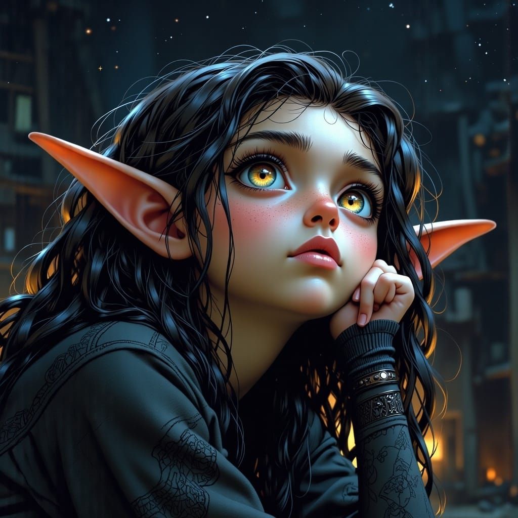 Elf with Shimmering Eyes Gazing at Stars