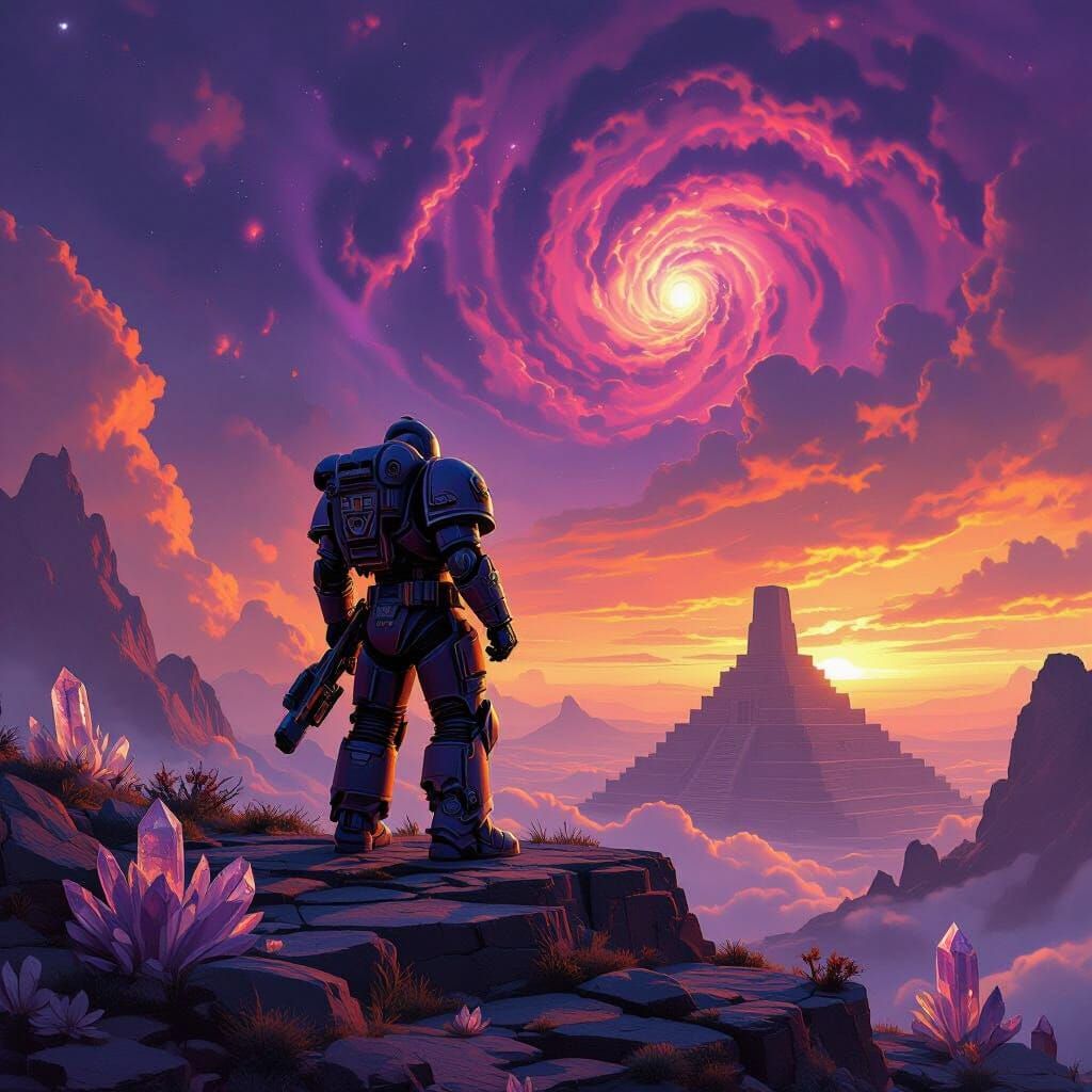 Space Marine Contemplates Alien Ziggurat in Nebula