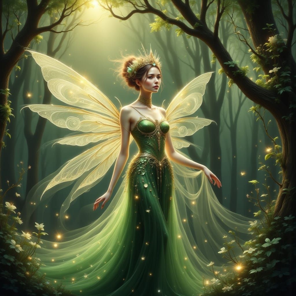 Ethereal Fairy Queen in Sun-Dappled Woodland