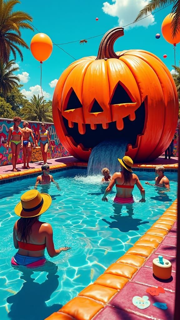 Halloween Pool Party in Graffiti Street Art Style