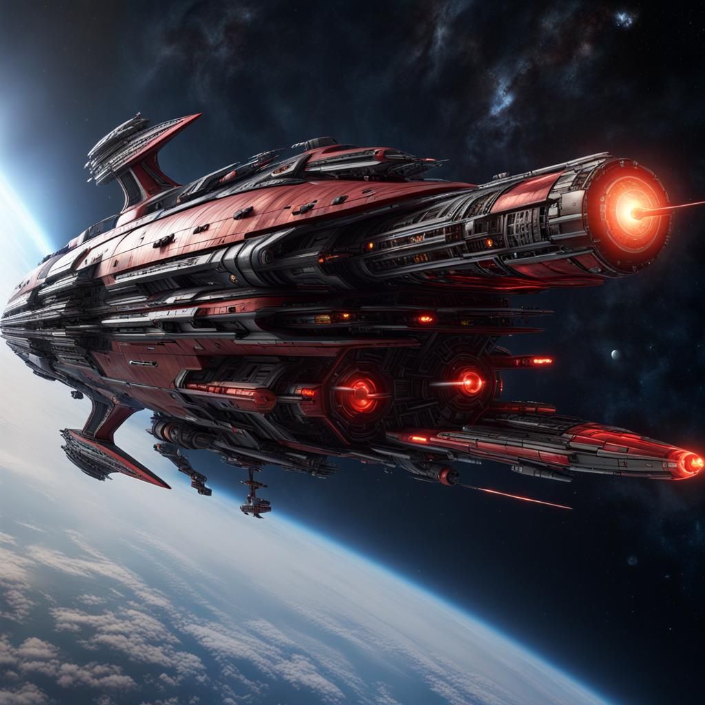 Starship Cruiser in Orbital Storm, Retro Sci-Fi Art