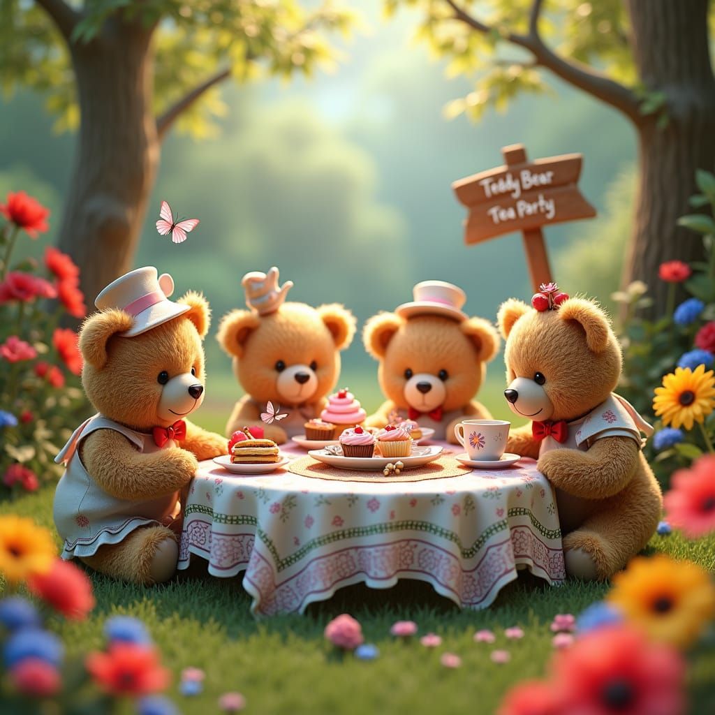 Teddy Bear Tea Party in Sun-Drenched Garden
