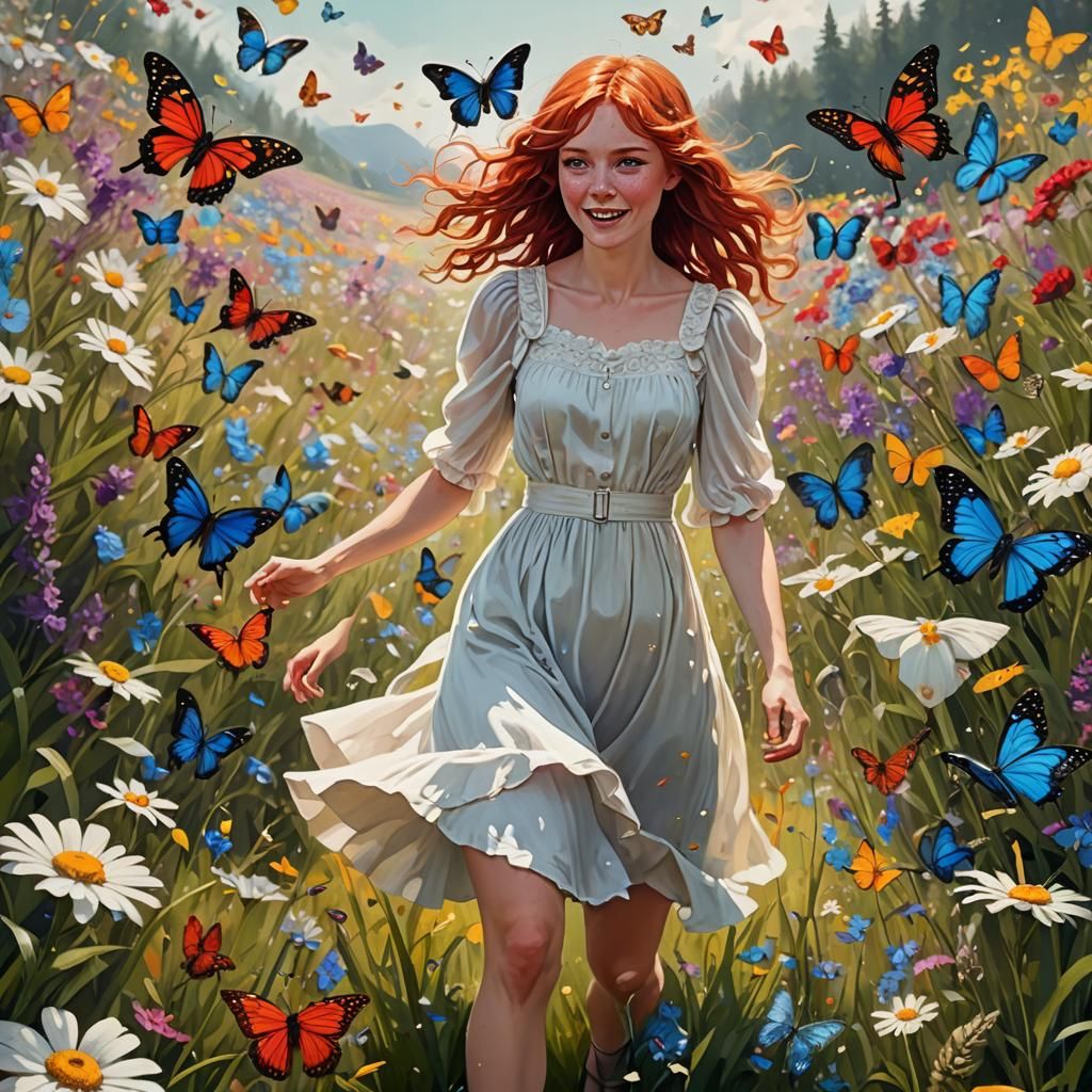 Woman in Meadow with Butterflies, Fantasy Art