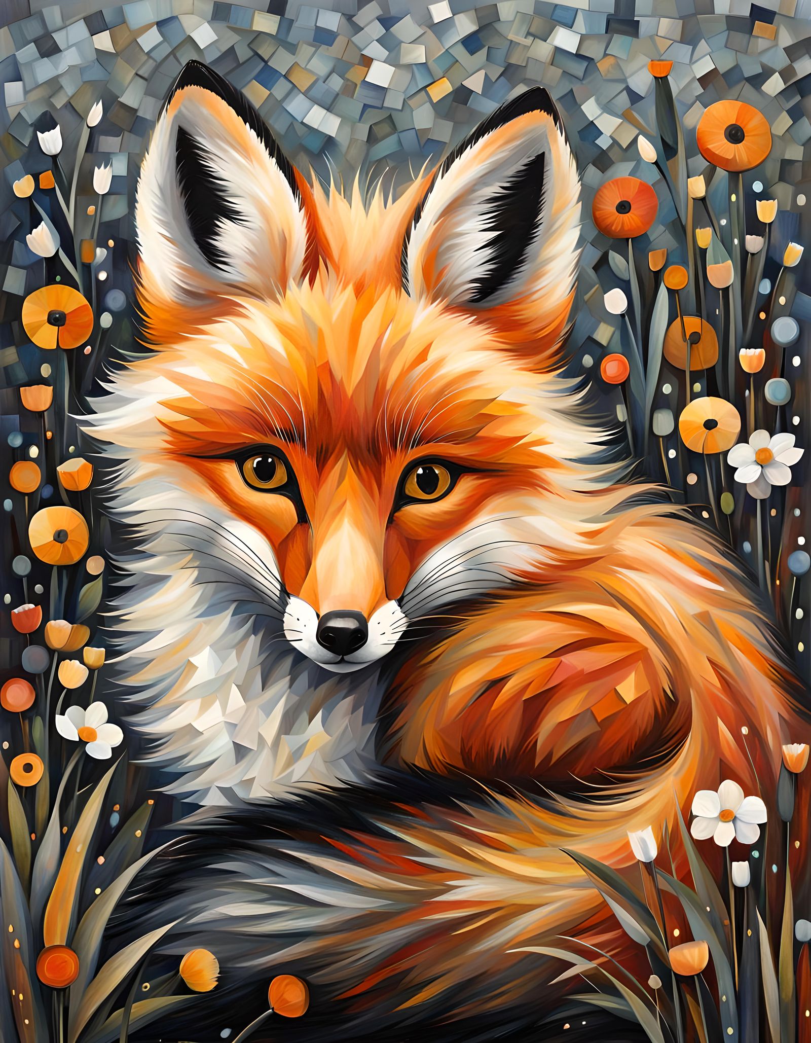 Adorable Baby Fox in Mosaic Cubism Style