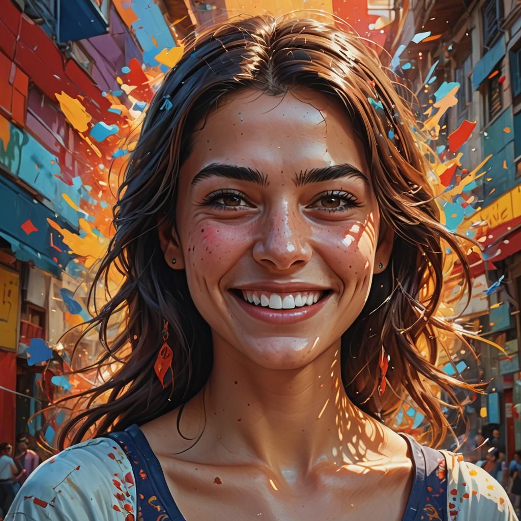 Woman with Dimpled Smile: Hyperrealistic Splash Art